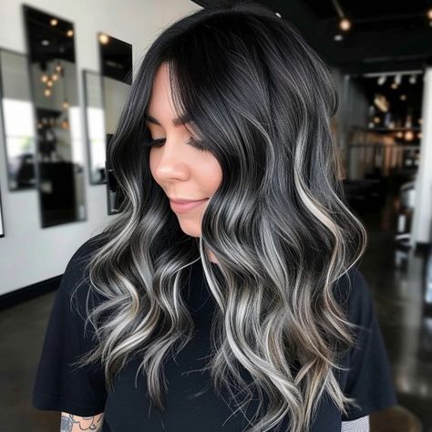 Dark Brown To Grey Balayage, Black Reverse Balayage, Smokey High Contrast Hair, Dark Brown Hair With Blonde Peekaboos, Dark Brown With Ash Highlights, Black Hair With Lowlights Balayage, Ombre With Money Piece, Platinum Blonde Balayage Dark Roots, Brown To Silver Ombre