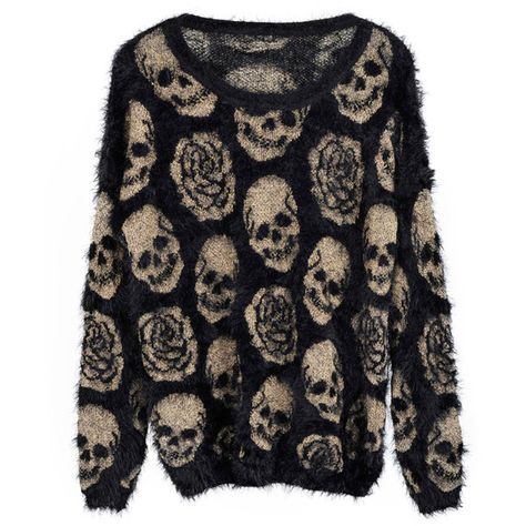 Skull Mohair Sweater ($22) ❤ liked on Polyvore featuring tops, sweaters, shirts, jumpers, long sleeve sweater, rose sweater, scoop neck sweater, shirt sweater and long-sleeve shirt Fashion Knitwear, Harry Potter Ravenclaw, Skulls And Roses, New Rock, Grunge Goth, Mohair Sweater, Swaggy Outfits, Alternative Outfits, Womens T Shirt