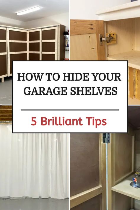 Garage Organization Ideas Shelves, How To Store Tools In Garage, Garage Shelf Covering Ideas, Garage Organization Small Space, Curtains In Garage Storage Ideas, Organizing The Garage, Hidden Garage Storage, Crawl Space Organization, Garage Declutter