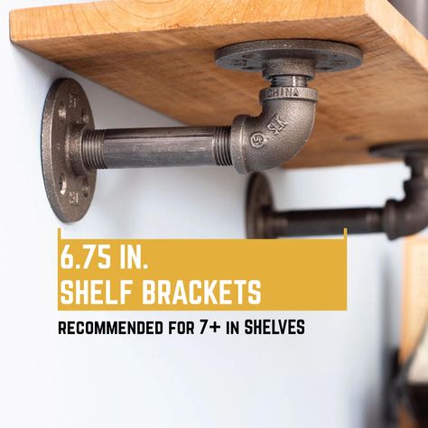 SET OF 4 DOUBLE FLANGE INDUSTRIAL SHELF BRACKETS: Add eye-catching style to your new set of shelves with these heavy duty pipe shelving brackets. Cast iron fittings pair impeccably with woods of various colors and sizes. Treat your visitors to your sense of style and attention to detail. Pipe fits a surprising number of looks and aesthetics, including: steampunk lighting, industrial, factory, French country farmhouse, vintage, retro reclamation, DIY and water piping. IMPORTANT SPECS: This bracke Wall Shelves Brackets, Shelf Bracket Ideas, Diy Industrial Shelves, Wood And Pipe Shelves, Pipe Leg Table, Industrial Table Legs, Pipe Shelving, Shelving Brackets, Industrial Shelf