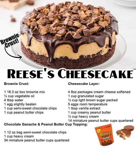 California Cheesecake, Reeses Cheesecake, Brownie Crust, Cup Cheesecake, Peanut Butter Cup Cheesecake, Reese's Peanut Butter Cup, Peanut Butter Desserts, Cheesecake Desserts, Peanut Butter Cup