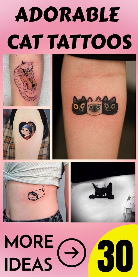 Cat tattoos are popular, especially among ladies. Cats are one of the cutest pets and friends ever. Who can resist these adorable fur balls? They might be a little mischievous sometimes, but their cuddly nature makes it difficult to remain angry with them. But our feline companions are more than simply pets. They also represent freedom, wisdom, and feminine energy. 2 Cat Tattoo Designs, Cartoon Cat Tattoo, Matching Cat Tattoos, Minimal Cat Tattoo, Group Tattoos, Cat Tattoo Simple, Cute Cat Tattoo, Angry Animals, Cutest Pets