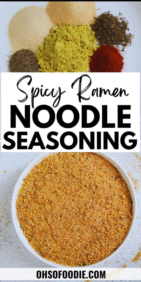 Text reads Spicy Ramen Noodle Seasoning Homemade Old Bay Seasoning Recipe, Old Bay Seasoning Recipe, Taco Seasoning Easy, Ramen Seasoning, Homemade Dry Mixes, Homemade Spice Mix, Spice Blends Recipes, Homemade Pantry, Homemade Baking