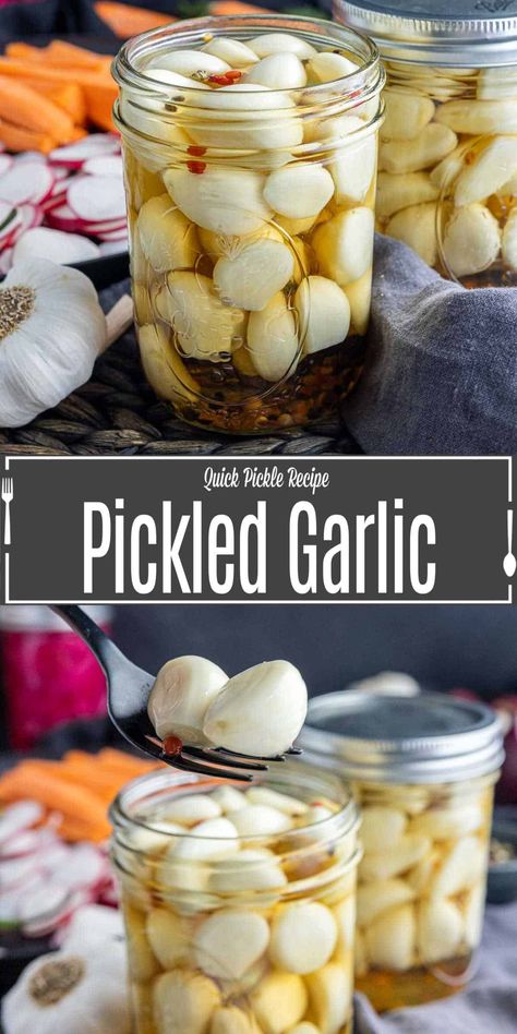 This pickled garlic recipe is a delicious snack and a great addition to dinner. We'll show you how to pickle garlic in just a few easy steps! Try pickling garlic in vinegar and your favorite herbs and spices to make a unique snack that can be eaten on it's own or added to your favorite dish. Pickle Garlic, Garlic Recipe, Pickled Garlic, Meatless Recipes, Pickled Veggies, Pickled Vegetables, Garlic Recipes, Pickling Recipes, New Best Friend