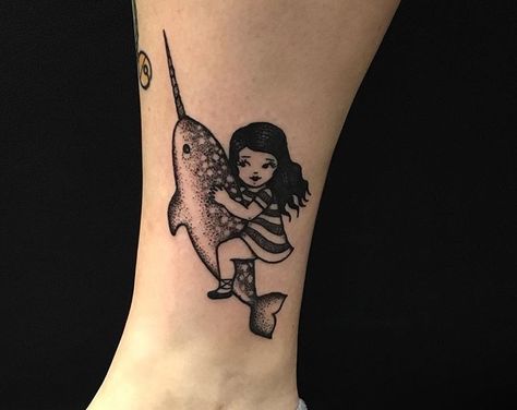 Girl & Narwhal tattoo | Sarah Whitehouse Narwhal Tattoo Traditional, Narwhal Tattoo, Tattoo Mermaid, Dolphin Tattoo, Lego Coloring Pages, Dolphins Tattoo, Full Body Tattoo, Desenho Tattoo, Narwhal