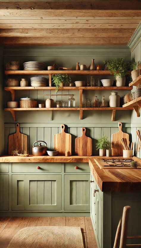 25 Gorgeous Sage Green Kitchen Ideas to Elevate Your Cooking Space 33 Seattle Home Interior, Green Kitchen With Wood Cabinets, Sage And Wood Kitchen, Sage Green And Wood Kitchen, Small Cozy Kitchen, Green Cupboards, Sage Green Kitchen Ideas, Sage Green Kitchen Walls, Green Country Kitchen