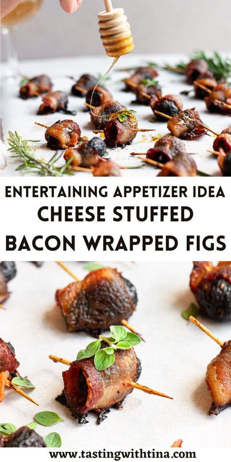 These bacon wrapped figs are perfect for any entertaining event! Stuffed with cheese and wrapped with bacon, these figs are the perfect delicious bite. Bacon Wrapped Figs Appetizers, Bacon Wrapped Figs, Fig Appetizer, Bacon Wrapped Cheese, Quick Appetizer Recipes, Cozy Winter Recipes, Entertaining Appetizers, Small Bites Appetizers, Whipped Goat Cheese