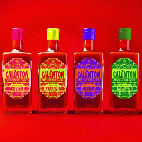 Bring On the Neon and the Heat With Calénton Hot Sauce - DIELINE High Contrast Color Palette, Hot Sauce Design, Ancient Mexican Art, Sauce Design, Hot Sauce Packaging, Sauce Packaging, Sauce For Rice, Meat Pasta, Package Design Inspiration