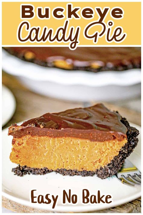 This rich and oh-so decadent Buckeye Candy Pie is made with a perfect combination of peanut butter and chocolate! A tempting thanksgiving dessert that starts off with an oreo cookie crust, is packed with a layer of creamy peanut butter filling, smothered with a chocolate fudge ganache – then sprinkled with chopped peanuts and drizzled with melted chocolate. Exquisite perfection! Easy Buckeye Pie recipe is all you need for your family get together, potlucks and parties this holiday season! Buckeye Pie Recipe, Buckeye Pie, Fudge Ganache, Chocolate Peanut Butter Ganache, Oreo Fluff Dessert, Buckeye Candy, Peanut Butter Ganache, Quick Cheesecake, Pie No Bake