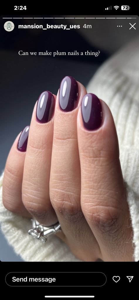 Plum Nails Short, Fall Nails Dark Purple, Short Dark Almond Nails, Deep Purple Fall Nails, Plum Almond Nails, Eggplant Purple Nails, Dark Purple Short Nails, Eggplant Nail Color, Purple Dip Nail Ideas