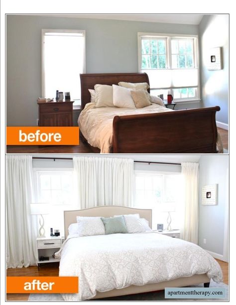 Balance Off Set Windows with Curtains -Another Great Post from apartmenttherapy.com Asymmetrical Windows Bedroom, Bedroom With Asymmetrical Windows, Bedroom Asymmetrical Windows, Asymmetrical Bedroom Window, Asymmetrical Windows, Windows In Bedroom, Off Center Windows, Window Behind Bed, Window Treatments Bedroom