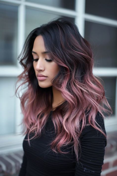 Rose Gold Hair On Black Hair, Rose Gold With Dark Roots, Rose Gold Balayage On Dark Hair, Hair Color Styles For Long Hair, Coloured Hair Bright, Rose Gold Dark Hair, Brunette Hair With Rose Gold Highlights, Rose Gold Hair With Dark Roots, Dark Roots With Pink Hair