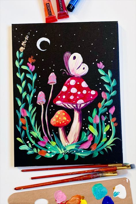 Acrylic Painting Ideas Set Of 3, Cute Mushrooms Painting, Mushroom Art Canvas, Magical Paintings Easy, Paintings Ideas For Mom, Abstract Mushroom Painting, Paint Sip Ideas, How To Paint A Mushroom, Posca Mushroom