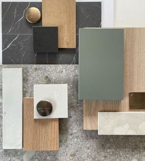 Pewter Green Mood Board, Interior Design Mood Board Color Palettes, Material Mood Board Interior Design, Kitchen Mood Board Colour Palettes, Nordic Color Palette, Home Mood Board, Pearl Interior, Material Color Palette, Materials Board Interior Design