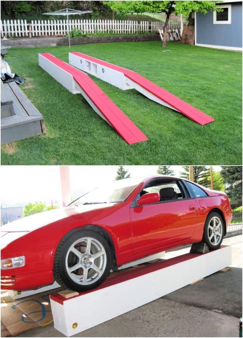 10 Inexpensive DIY Car Ramps You Can Build with Wood Diy Car Lift, Auto Ramps, Diy Car Ramps, Low Cars, Car Ramp, Ramp Design, Bra Tips, Workshop Tools, Car Ramps