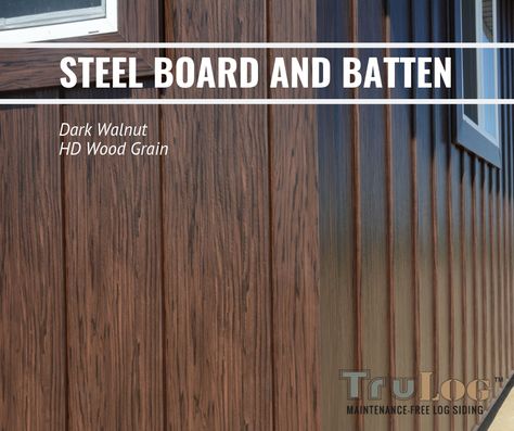 Board And Batten And Lap Siding Exterior, T 111 Siding Exterior Ideas, Metal Batten Siding, Wood Looking Siding Exterior, Interior Siding Ideas, Wood Board And Batten Exterior, Black Metal Board And Batten Siding, Metal Siding For Houses, Metal Siding Ideas Exterior