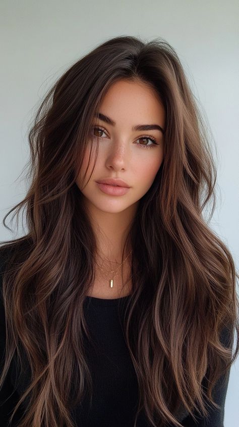 🌹 Luxurious Dark Fall Hair Dark Fall Hair Colors For Brunettes Long Inspiration 💅 Ways To Dye Brown Hair, Long Brunette Hair With Dimension, Brown Hair With Dark Lowlights, All Over Brown Hair Color, Fall Hair Dark, Subtle Dimensional Brunette, Natural Brown Balayage, Trending Dark Hair, Hair For Brunettes