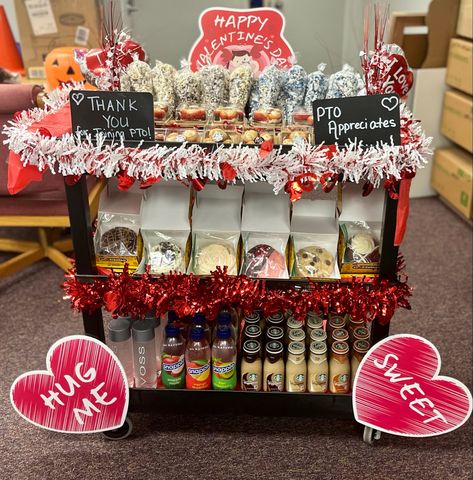 Valentines Day Treat Cart Valentines Teacher Snack Cart, School Coffee Cart Ideas, Breakfast Cart Ideas For Teachers, Valentine's Day Staff Appreciation, Treat Trolley For Teachers, Teacher Treat Cart, Snack Cart For Teachers, Treat Cart For Teachers, Teacher Snack Cart