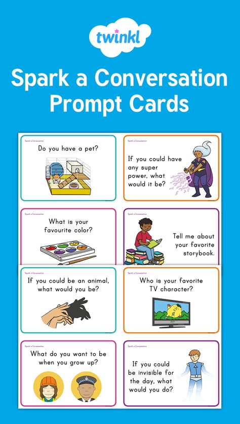 Spark a Conversation Prompt Cards - Encourage your students to strike up a conversation with these lovely cards - Twinkl Conversation Cards For Kids, Classroom Conversation, Conversation For Kids, Conversation Activities, Language Activities Preschool, Esl Materials, English Conversation For Kids, Speaking Cards, Conversation Starters For Kids