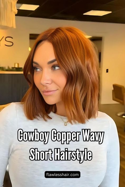 Cowboy Copper Wavy Short Hairstyle Short Wavy Hair Ideas, Copper Bob Hair, Short Copper Hair, Wavy Hair Ideas, Cowboy Copper Hair, Brown Bob Hair, Red Hair Trends, Hottest Hairstyles, Cowboy Copper