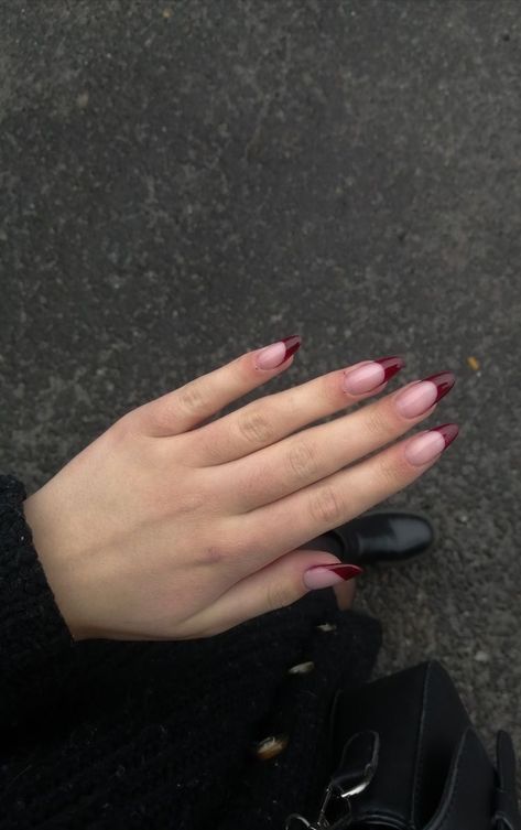 Nail inspo French Tip Wine Red Nails, Deep Red French Tip Nails Coffin, Dark Red French Tip Acrylic Nails, Dark Red Nails With French Tip, Cherry Red Nails Acrylic French Tip, Dark Red Nails With Black French Tips, French Dark Red Nails, Wine Red French Tip Nails Almond, Dark Red French Tips Almond