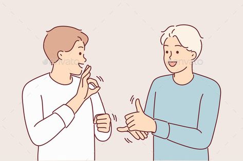 Man Teaches Friend Sign Language to Be Able Teaching Illustration Art, Friend Sign Language, Sign Language Aesthetic, Sign Language Illustration, Language Clipart, Communicative Language Teaching, Sign Language Art, Sign Language Interpreter, Hearing Problems