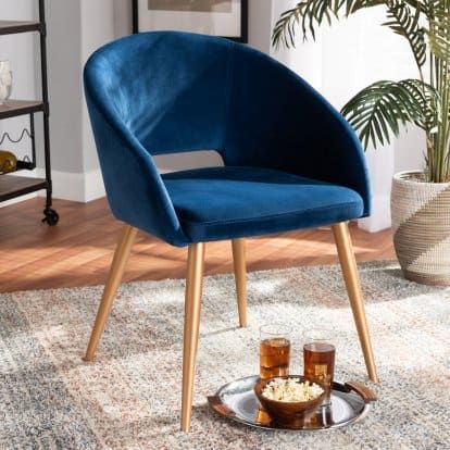 Glam Dining, Dining Chair Upholstered, Blue Velvet Fabric, Table Bistrot, Navy Blue Velvet, Gold Legs, Metal Dining Chairs, Modern Armchair, Chair Types