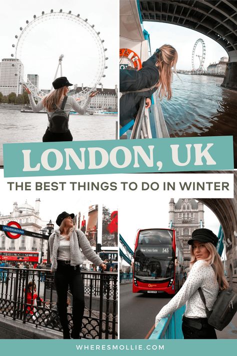 If you're looking for the best things to do in London in winter, this winter London travel guide is for you! It might be a bit cold so get your London winter outfits ready for the ultimate UK holiday! If you're not sure how to pack for London in winter you'll definitely need an umbrella and a coat! The London Eye, Trafalgar square, Big Ben, London Bridge, London aesthetic and style, London photography are all good to see in winter in London England. #London #Winter #England via @wheresmollieblog London In Winter, London In January, London Winter Fashion, London Travel Guide, London In December, Best Bucket List, Winter Travel Destinations, London Itinerary, Winter Trip