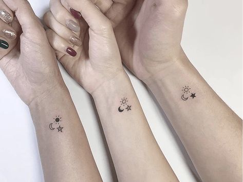 Tattoo uploaded by Tattoodo | Friendship Tattoos for 3 People by Playground Tat2 #PlaygroundTat2 #Playgroundtattoo #bestfriendtattoos #friendshiptattoos #friendtattoos #bfftattoo #matchingfriendtattoos #illustrative #linework #star #moon #sun | 1181632 | Tattoodo