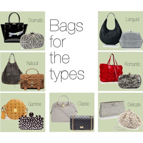 "Bags for the types" by skugge on Polyvore Gamine Outfits, Classic Kibbe, Soft Classic Kibbe, David Kibbe, Kibbe Romantic, Flamboyant Gamine, Style Analysis, Classic Purse, Gamine Style