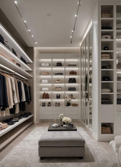 Step into a world of luxury with this modern walk-in closet designed for the stylish woman! Featuring sleek cabinetry, soft LED lighting, and plush carpeting, this space transforms organization into an art form. Ample shelving beautifully displays designer handbags and chic shoes, while a dedicated vanity area invites you to indulge in your daily beauty routine. #WalkInCloset #LuxuryLiving #FashionistaHaven Organisation, Modern Walk In Closet Design Luxury, Walk In Closet Luxury Modern Master Bedrooms, Her Closet Walk In, Dream Closet Design Luxury, Modern Luxury Walk In Closet, Walk In Closet Ideas Master Luxury, Dream Closets Walk In Luxury, Elegant Walk In Closet