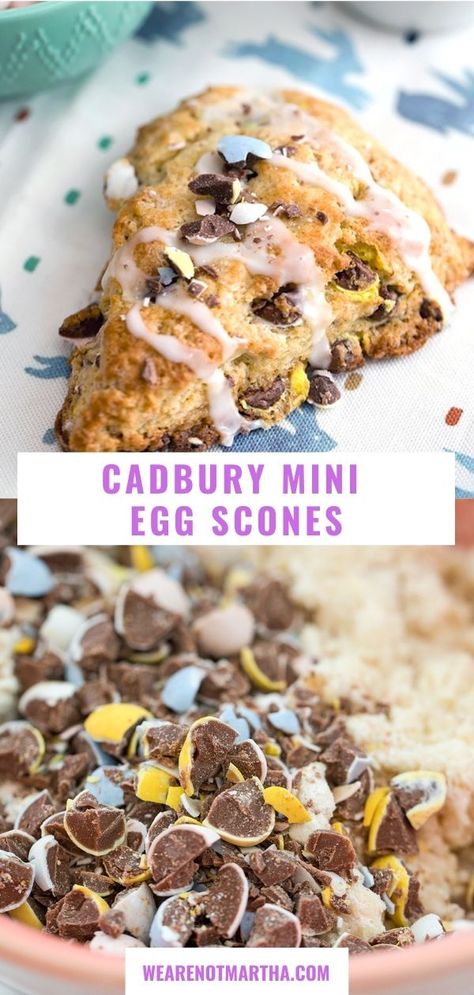 Pinterest image featuring a Cadbury Mini Egg scone and a photo of batter with crushed mini eggs with recipe title in between two photos Easter Scones, Cadbury Mini Eggs, Cheap Desserts, Family Friendly Breakfast, Chocolate Scones, Brunch Spread, Mini Egg, Easter Baking, Delicious Cookie Recipes