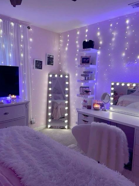 Pretty Blue Bedroom Ideas, Bedroom With Lights, Purple Dorm, Room Necessities, Baddie Room, Bedroom Photography, Bedroom Ideas For Small Rooms Cozy, Dream Bedroom Inspiration, White Room Decor