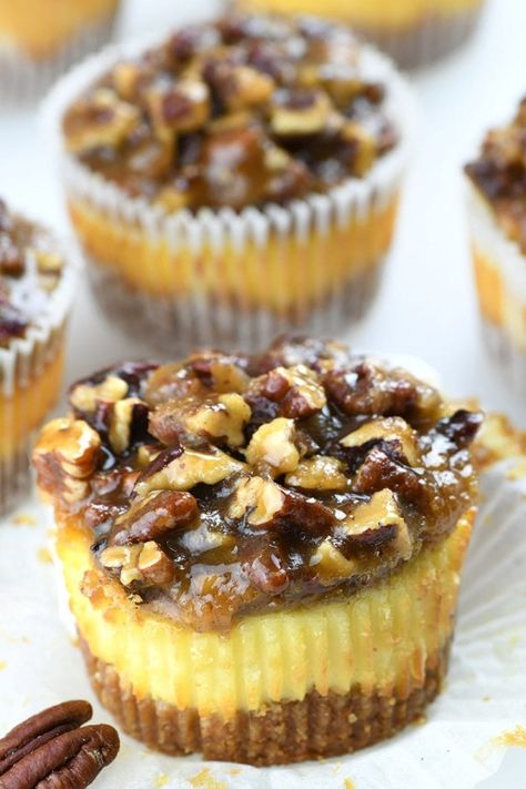 Mini Pecan Pie Cheesecakes - OMG Chocolate Desserts Holiday Desserts Cheesecake, Holiday Baking Thanksgiving, Mini Pecan Pie, Cupcake Cheesecake, Pecan Pie Cheesecake Recipe, Mini Lemon Cheesecakes, Mini Pumpkin Cheesecake, Mini Pecan Pies, Biscuits Graham