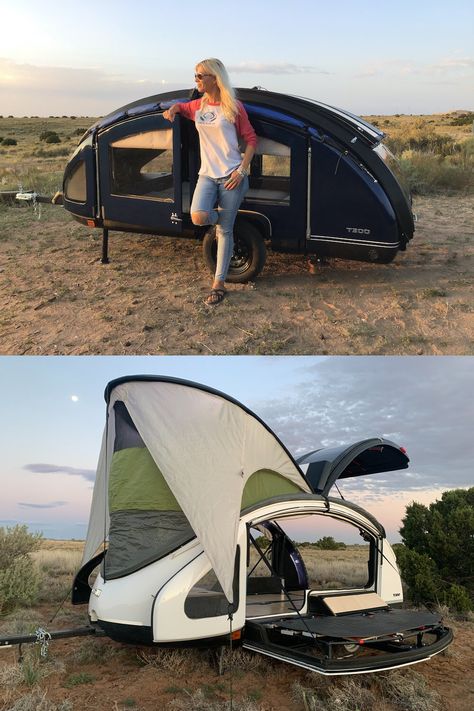 Top photo: smiling woman standing beside a teardrop camper. Bottom photo: teardrop camper with pop up roof up and sides down. Tear Drop Trailers, Teardrop Camper For Sale, Teardrop Trailer For Sale, Teardrop Trailer Camping, Diy Teardrop Trailer, Teardrop Trailer Plans, Camping Gear Diy, Teardrop Camper Plans, Teardrop Camping