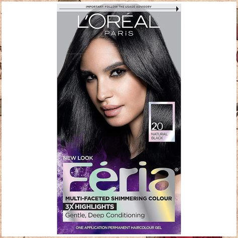 L'Oreal Paris Feria Multi-Faceted Shimmering Permanent Hair Color, 20 Black Leather (Natural Black), Pack of 1, Hair Dye Loreal Paris Feria, Feria Hair Color, Blue Black Hair Color, Edgy Hair Color, Blue Black Hair, Bold Hair Color, Black Hair Dye, At Home Hair Color, Black Hair Color