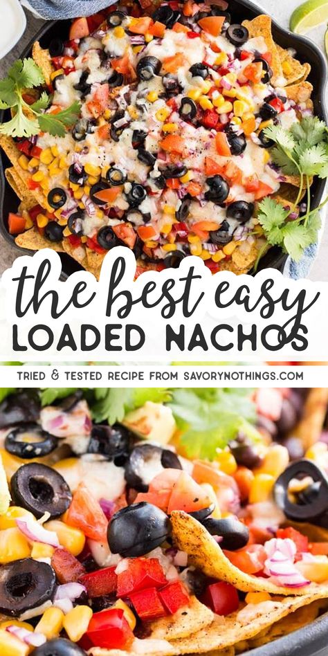 This loaded vegetarian nacho recipe has it all: The best Southwestern/Mexican flavors from black beans in chili sauce, cheese, olives, corn, tomatoes, sweet peppers and cilantro! They are quick and easy to make, baked in a skillet in the oven, full of healthy vegetables and great to feed a crowd at summer parties, on football sunday or for super bowl. Serve with a light dip and some fresh avocado! #appetizer #footballfood #fingerfood #nachos #texmex #vegetarian #nachorecipe Nachos Without Meat, Southwestern Vegetarian Recipes, Black Bean Nachos Recipe, Vegetarian Nachos Recipe Easy, Meatless Nachos Recipe Easy, Loaded Nachos Recipe Vegetarian, Vegetable Nachos Recipe, Nachos Recipe Vegetarian, Bean And Cheese Nachos