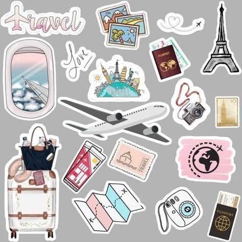 Stickers For Travel Journal, Journal Cute Stickers Printable, Traveling Stickers Printable, Travelling Stickers Printable, Stickers Printable For Scrapbook, Scrapbook Stickers Travel, Travel Scrapbook Printables, Cute Travel Stickers, Scrapbook Stickers Printable Travel