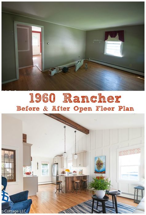 SoPo Cottage: 1960 Ranch Living Room and Open Floor Plan - Before & After Ranch House Additions Ideas, Ranch House Remodel Interior, Ranch Style Home Remodel, Ranch Living Room, Ranch House Additions, Small Ranch House, Ranch Home Remodel, Ranch Living, Ranch House Remodel