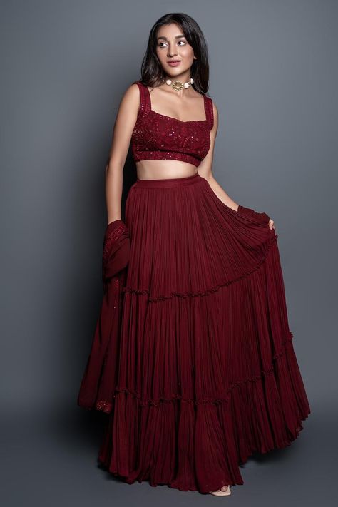 Buy Shahmeen Husain Maroon Chikankari Tiered Pleated Lehenga Set Online | Aza Fashions Lehenga Simple, Pleated Lehenga, Strappy Blouse, Maroon Lehenga, Simple Lehenga, Lehenga Designs Simple, Gaun Fashion, Choli Designs, Red Lehenga