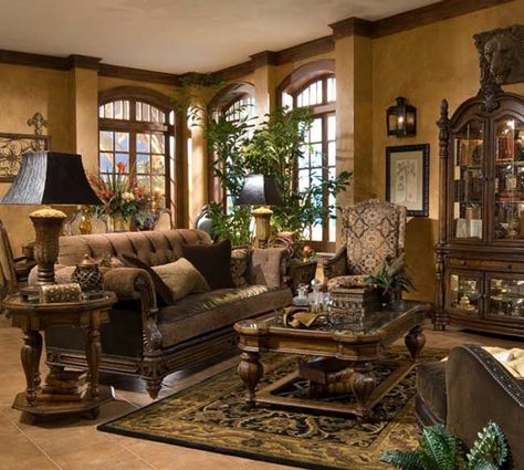 Michael Amini Vizcaya Living Room Collection Tuscan Living Room Ideas, Tuscan Style Living Room, Tuscan Living Rooms, Tuscany Decor, Furnitur Ruang Keluarga, Tuscan Design, Mediterranean Home Decor, Tuscan House, Mediterranean Decor