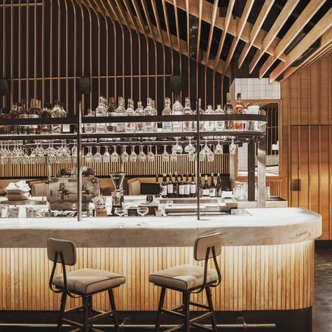 Yet another inviting bar front! #tambour #whiteoak Flexible Wood, Bar In Casa, Bar Design Awards, Shiplap Wall, Bar Interior Design, Bar Fronts, Restaurant Concept, Bar Interior, Bar Design Restaurant