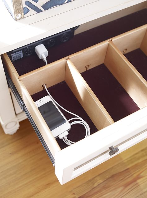 Hidden charging stations for convenience and clutter-free surfaces. HGTV HOME Furniture Ikea Variera, Charging Station Drawer, Phone Charging Station, Drawer Organization, Hidden Kitchen, Charging Stations, Kitchen Cabinet Organization, Cabinets Organization, Organization Bedroom