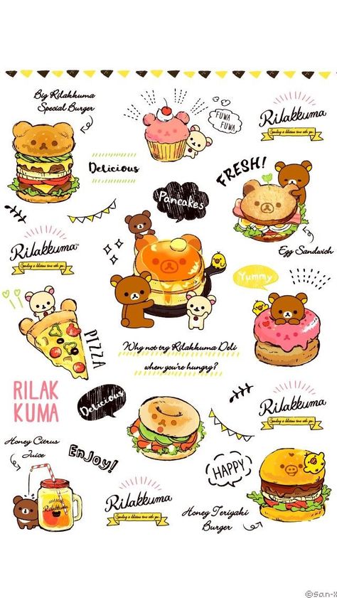 ❤️RILAKKUMA❤️ Sanrio Food Drawing, Teriyaki Burgers, Rilakkuma Wallpaper, Chibi Food, Stickers Kawaii, Cute Food Drawings, Food Wallpaper, Cute Animal Drawings Kawaii, Kawaii Doodles