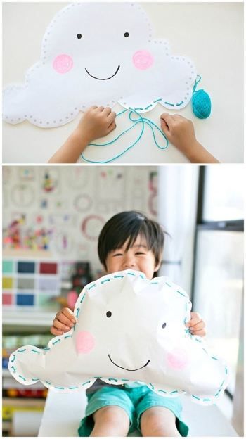 Kid-Made Happy Paper Cloud Pillow. Easy sewing project for kids and a fun fine motor skills activity. Sewing Project For Kids, Fine Motor Skills Activity, Motor Skills Activity, Paper Clouds, Project For Kids, Fine Motor Skills Activities, Motor Skills Activities, Sewing Pillows, Sewing Projects For Kids