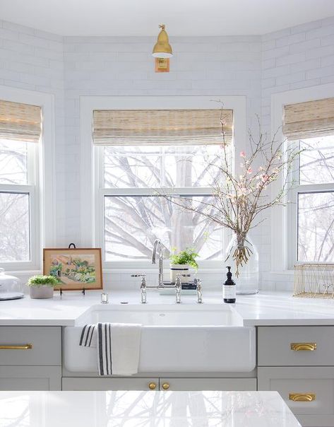 Farm Sink In Bay Window - Transitional ... Backsplash Window, Window Over Kitchen Sink, Kitchen Garden Window, Brick Kitchen Backsplash, Kitchen Bay Window, Gray Backsplash, Kitchen Gray, Garden Window, Brick Kitchen