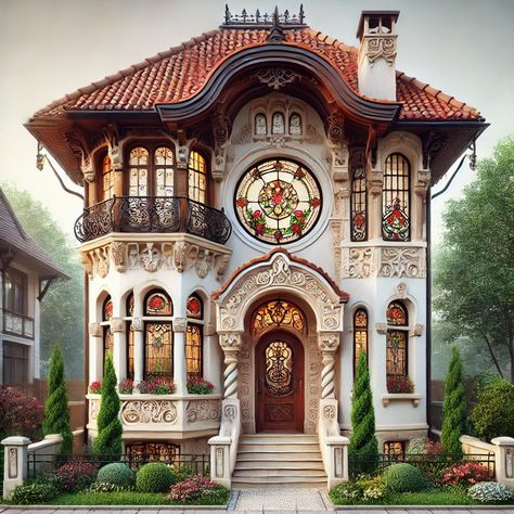 AI generated -  Charming small house blending Neo-Romanian and Art Nouveau architecture Romanian House Exterior, Art Nouveau House Exterior, Neo Romanian Architecture, Romanian Revival Architecture, Art Nouveau Exterior, Romanian House, Romanian Architecture, Small Mansion, Art Nouveau House