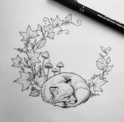 Fox And Bee Tattoo, Autumn Fox Tattoo, Autumn Fox Drawing, Fox Sleeping Tattoo, Fox Nature Tattoo, Woodland Creature Tattoo Ideas, Geometric Fox Tattoo Design, Autumnal Tattoo Ideas, Fox Mushroom Tattoo