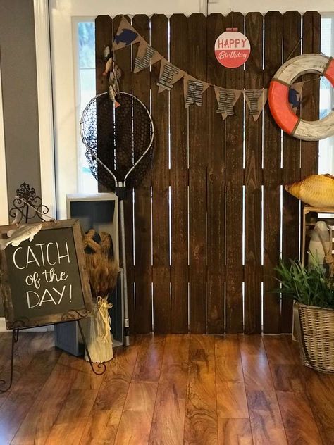 Fisherman Decoration Party Ideas, Fishing Birthday Party Backdrop, 40th Fishing Theme Party, Fishing Birthday Table Decor, Fishing Backdrop Party Ideas, Fishing Theme Decorations, Fish Themed Birthday Party For Adults, Fishing Party Backdrop, Gone Fishing Vbs Decorations