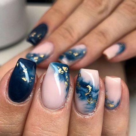 17 Glamorous Winter Acrylic Nail Ideas for 2023-2024 - thepinkgoose.com Neutral Foil Nails, Fab Mood Inspiration Nails, Blue Marble Nails Acrylic, Halloween Marble Nails, Navy Marble Nails, Blue And Gold Marble Nails, Navy Blue Marble Nails, Goldleaf Nails, Marbled Nail Designs